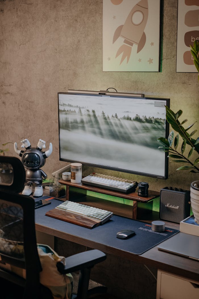 Stylish home office setup with computer, keyboard, and tech gadgets on a desk.